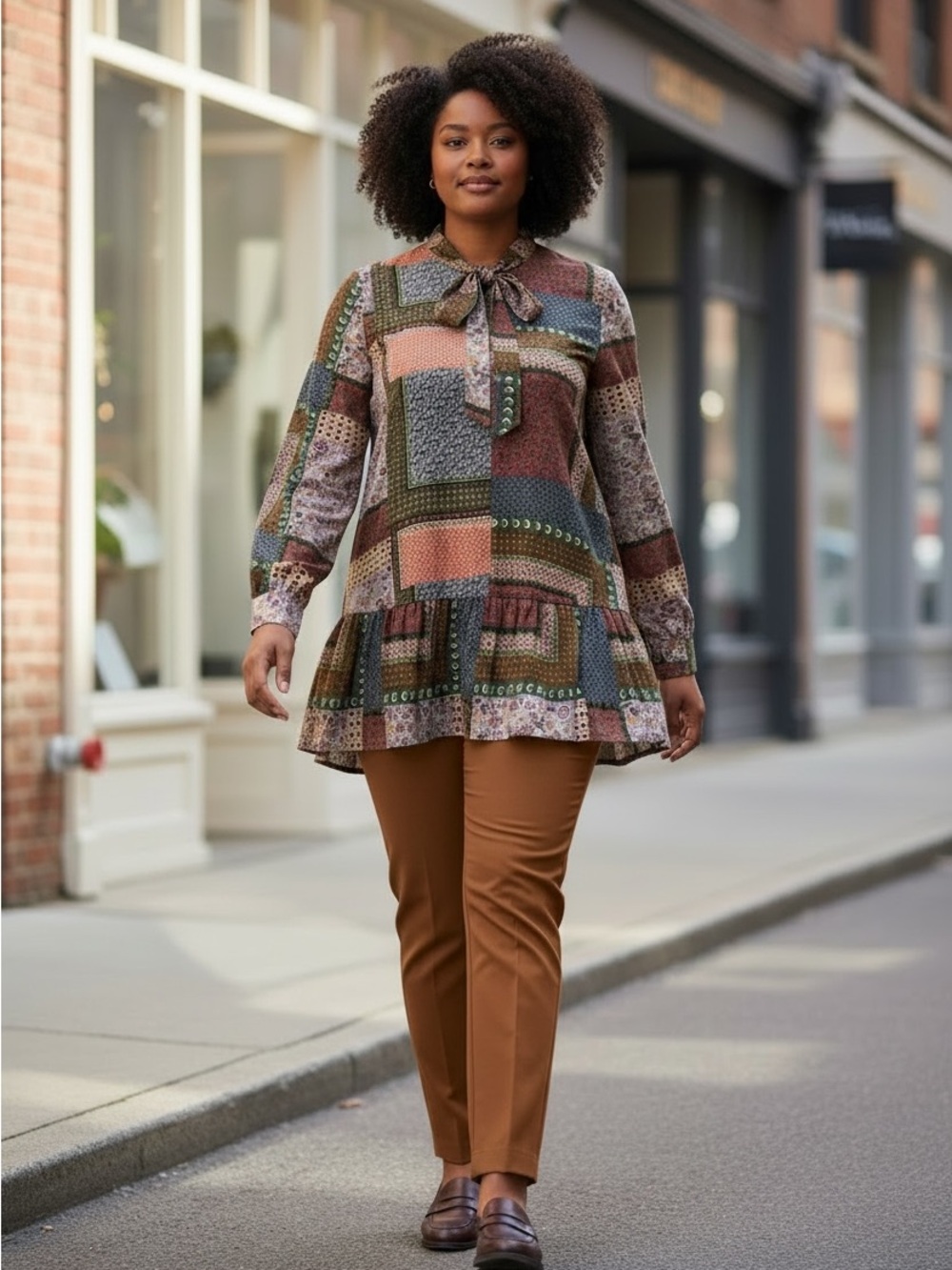Roaman’s 12W Patchwork Print Tunic Blouse Boho Tie Neck Like New